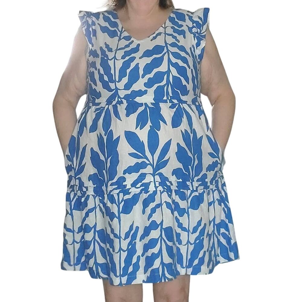 Rachel Zoe Linen Blend Dress Blue White Size XL Tiered Flutter Sleeve Coastal